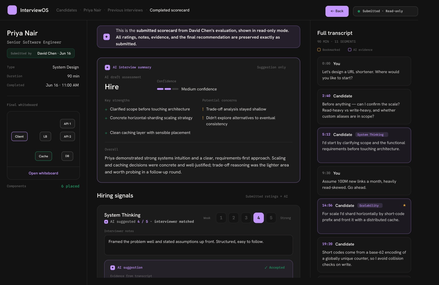 Candidate scorecard showing the AI interview summary, hiring signal ratings, and full transcript