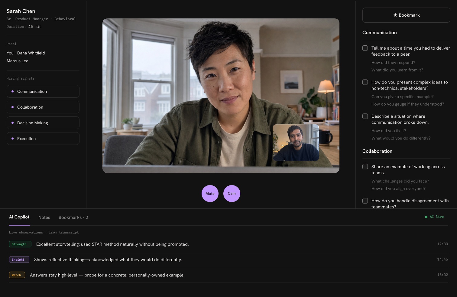 InterviewOS live interview screen: real-time transcript, AI copilot observations, and both participants on camera
